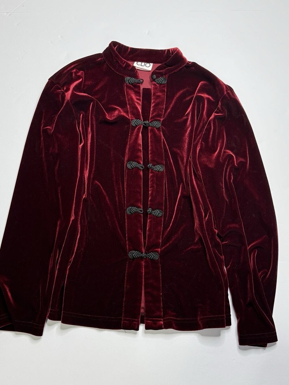 Vintage 90s Clio Velvet Jacket Womens M Burgundy Frog Closure Mandarin Goth
